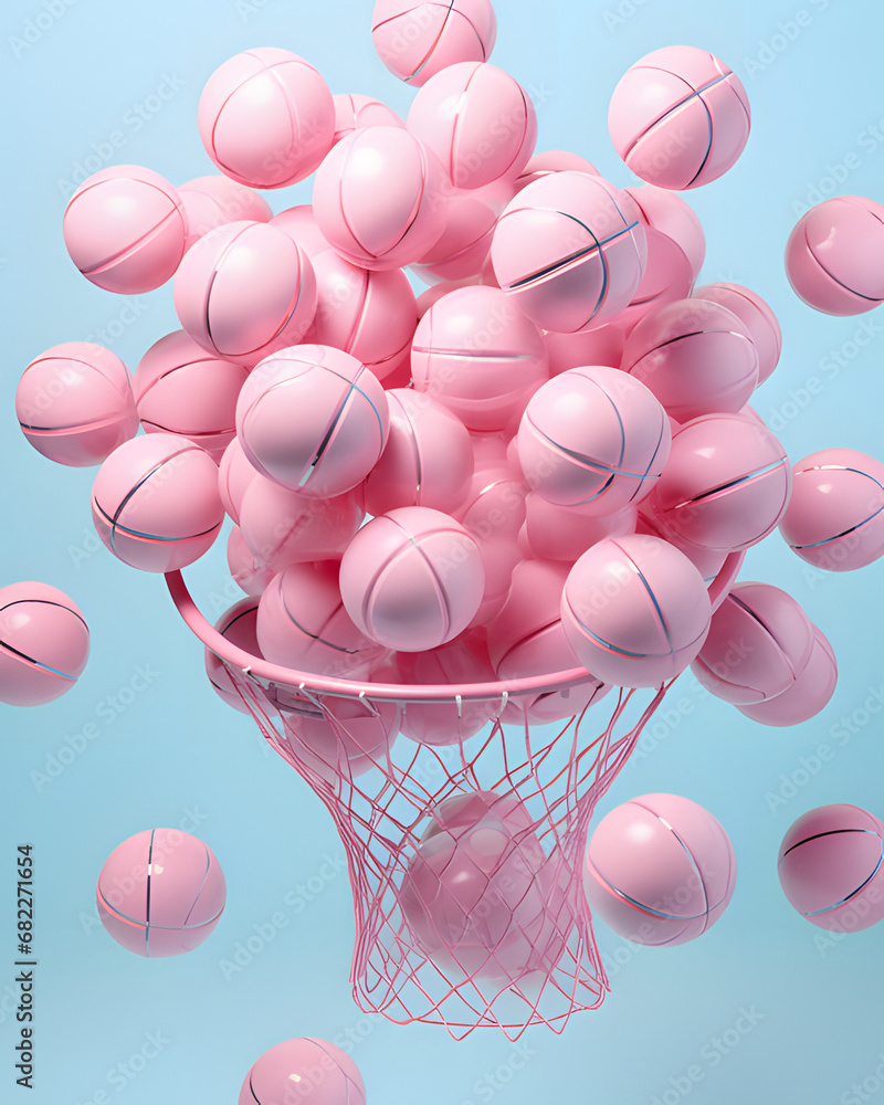 Many miniature basketballs in a basket. Minimalistic sports creative concept. Many miniature basketballs in a basket. Minimalistic sports creative concept.