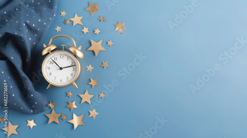 World Sleep day observed on March. Golden stars and alarm clock on blue background with copy space. Relaxation concept, quality of sleep and good night, Flat lay photo