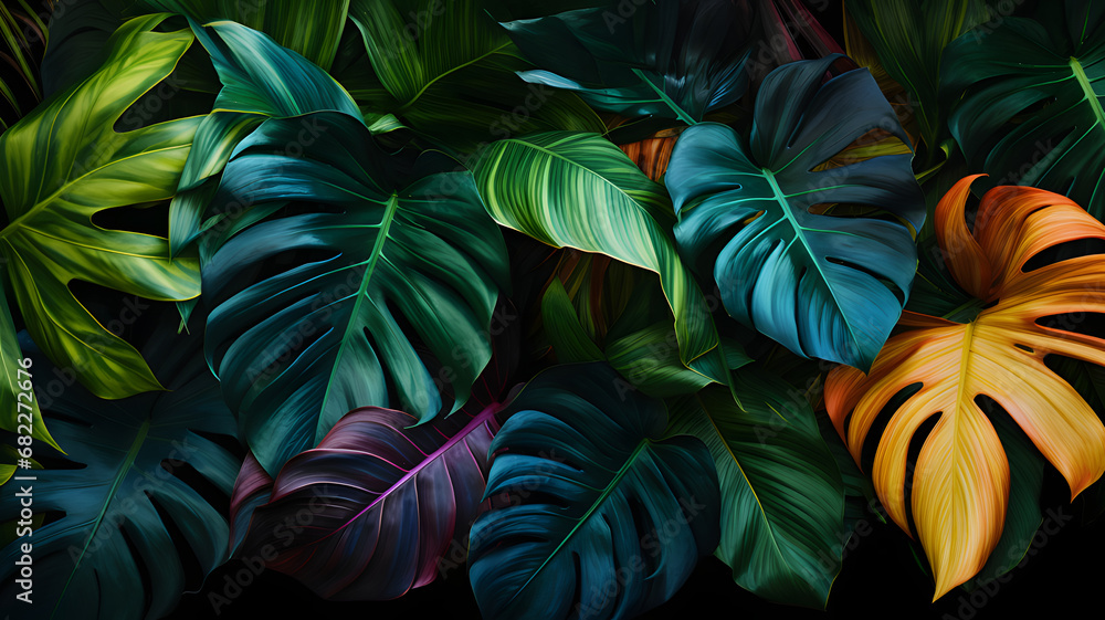 Creative fluorescent color layout made of tropical leaves. Flat lay neon colors. Nature concept - obrazy, fototapety, plakaty 