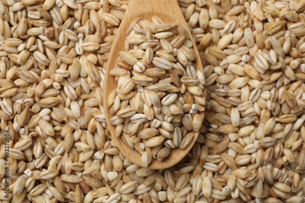 Wooden spoon with raw pearl barley, top view Wooden spoon with raw pearl barley, top view