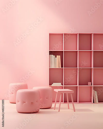 modern living room.Bookshelf with books and decorative items  all in pink color  minimal interior composition