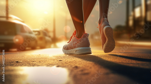 a girl walking on the road in a sneaker, sun, ultra-realistic shooting, clear focus created with Generative Ai