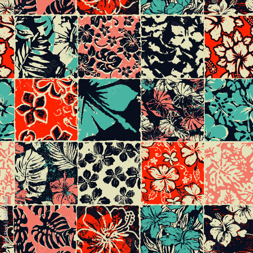 Hibiscus flowers and tropical leaves vintage patchwork  grunge abstract  vector seamless pattern 