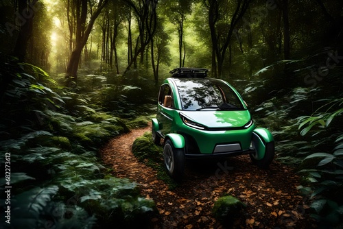 An electric vehicle designed for sustainable transportation, navigating a specially designed trail through the thick foliage.