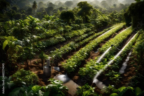 Smart irrigation systems in the tropical forest, optimizing water usage for plant growth while preserving the delicate balance of the environment. photo
