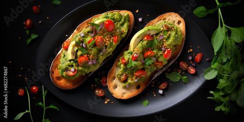 bruschetta with avocado slices, green onions, spices and chili peppers on a wooden tray, organic bread toasts with avocado and cherry tomatoes, cheese sandwich, healthy plate, generative ai