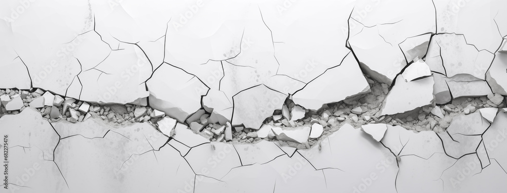 Fototapeta premium Cracked floor texture. Cracked concrete wall covered with gray cement surface as background. Broken floor. wide panoramic banner. 