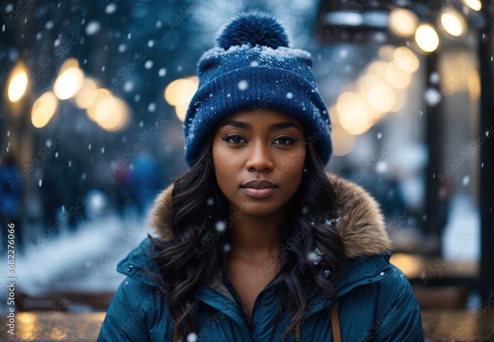 Beautiful black women in front empty table top, wearing blue jacket and hat, snow and ice rain on the background Beautiful black women in front empty table top, wearing blue jacket and hat, snow and ice rain on the background