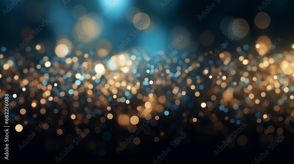 Background of abstract glitter lights. blue, gold, and black. de focused. banner