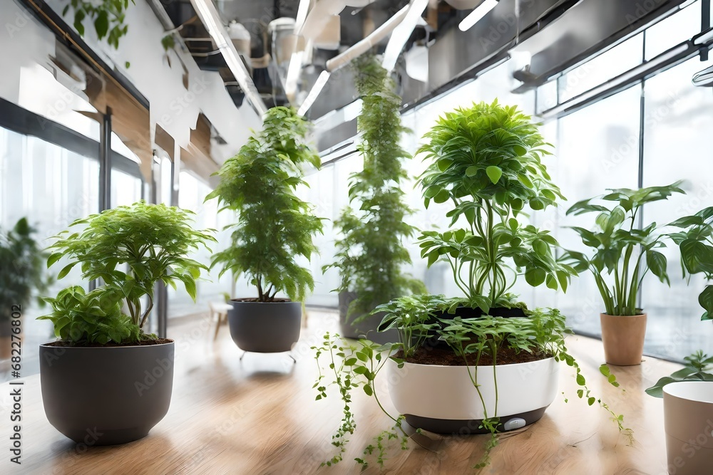 Smart office plants equipped with AI sensors for optimal watering and environmental conditions.