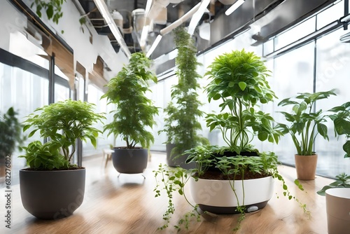 Smart office plants equipped with AI sensors for optimal watering and environmental conditions.