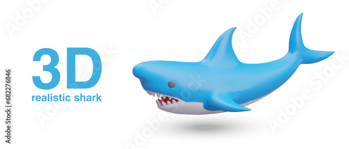Blue vector shark, side view. Giant predatory fish in cartoon style. 3D vector illustration on white background. Template for children sites, applications