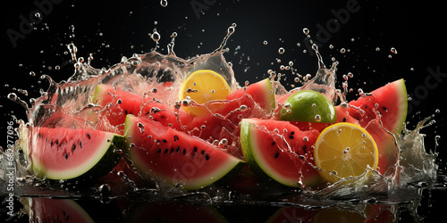 Explosion of Freshness: Watermelon and Citrus Fruit Splashes in Water