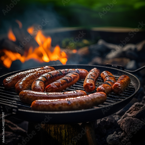 Thin grilled sausages, camping barbecue