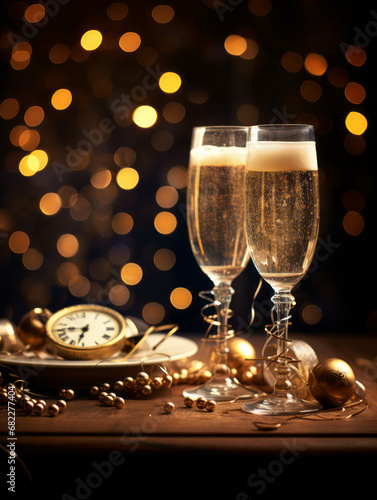 two glasses of champagne and clock 