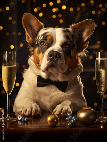 dog with a glass of champagne