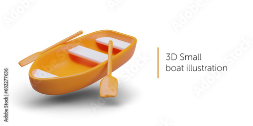 Realistic boat with oars in orange colors. 3d small boat on white background. Transport for swimming. Vector illustration in 3D style with shadow and place for text