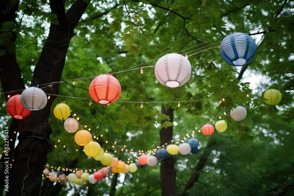 variety of paper lanterns strung from trees at a festival