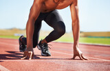 Man, runner and starting line for sprint, athlete and training for marathon, olympics and race or competition. Black male person, ready and exercising or outdoors, practice and workout or fitness