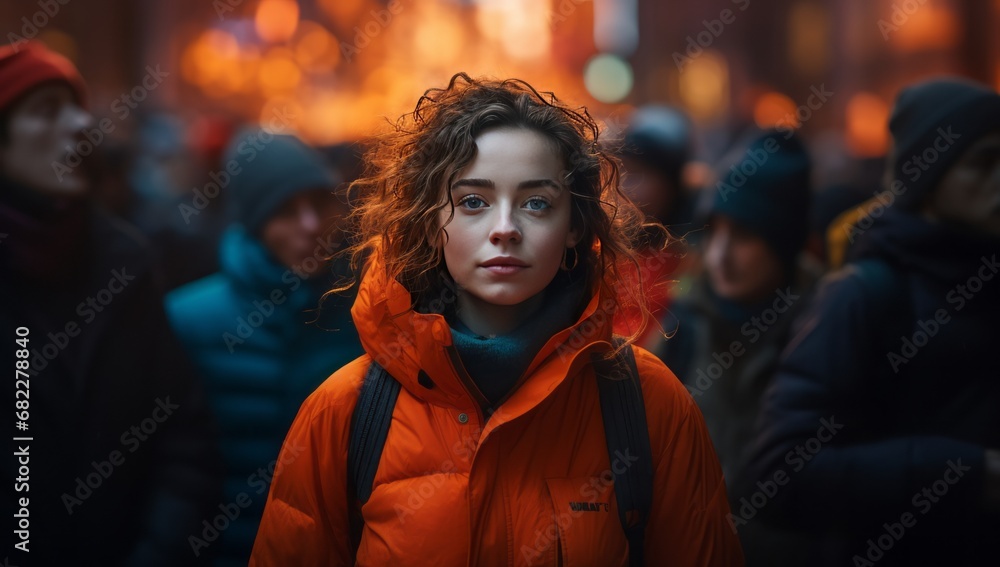 A Woman Standing Out in an Orange Jacket Amongst a Thriving Crowd A Woman Standing Out in an Orange Jacket Amongst a Thriving Crowd