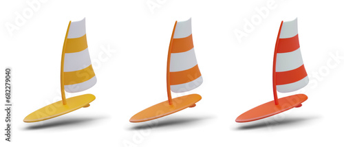 Windsurfing in red, orange, and yellow colors. Board with sail for swimming. Concept of sea sport. Vector illustration in 3d style on white background with shadow