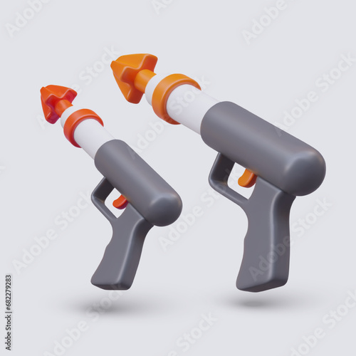 Side view on spearfishing harpoons. Black item for underwater hunt with orange and red arrows. Weapon for sea hunt. Vector illustration in 3D style with gray background