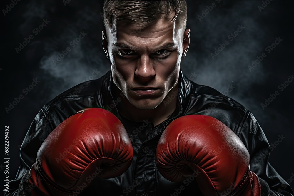 Courageous male boxer in red gloves on a dark background. Close-up portrait of a strong fighter ready for battle.
