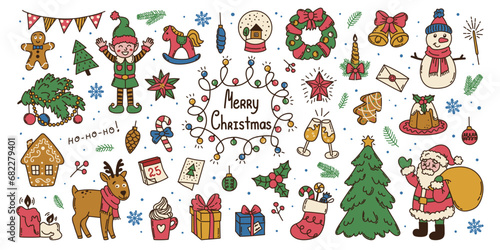 Set hand drawn doodle Christmas elements. Santa Claus, Christmas tree, elf, deer, balls, garland, text Merry Christmas, gingerbreads, snowman. Flat colorful vector illustration on white background