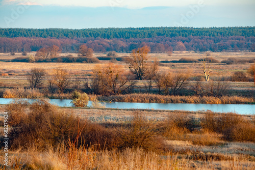 View of the valley of the Siversky Donets River. Landscape in the countryside with a forest on the horizon on an autumn sunny day