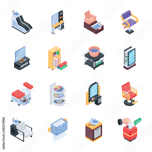 Trendy Isometric Icons of Barbershop Furniture 

