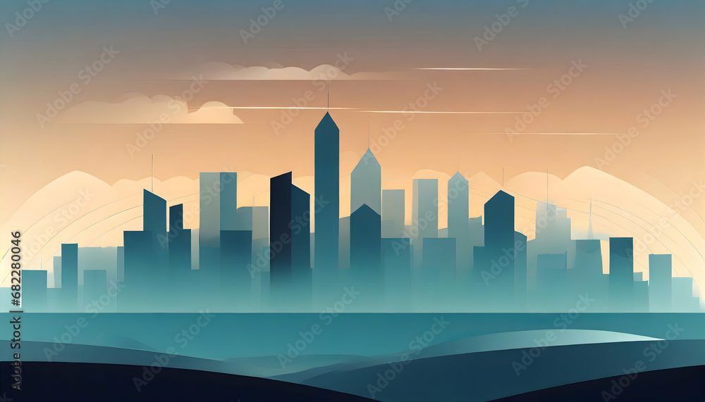 Simplified cityscape silhouette using bold lines and shapes with a sunset. Gradient sky to evoke different times of the day or moods.