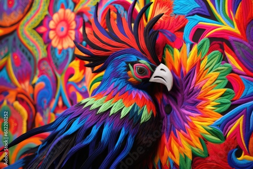 close-up of detailed alebrije on vibrant mexican textile © primopiano