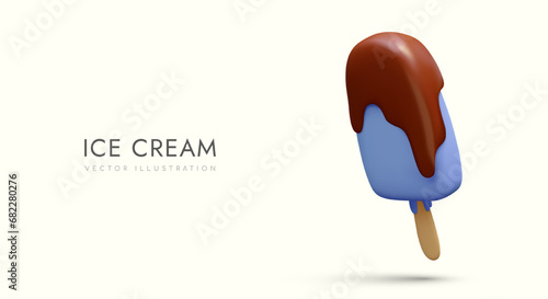 Blue popsicle with runny chocolate topping. Appetizing bright cold dessert. Realistic ice cream on stick. Summer concept. Advertising poster for web design