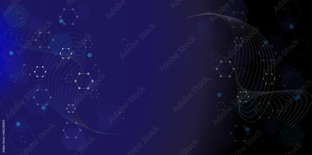 Fototapeta premium Vectors, Abstract futuristic hexagons for network connection, communication, computer and Technology on dark blue background.