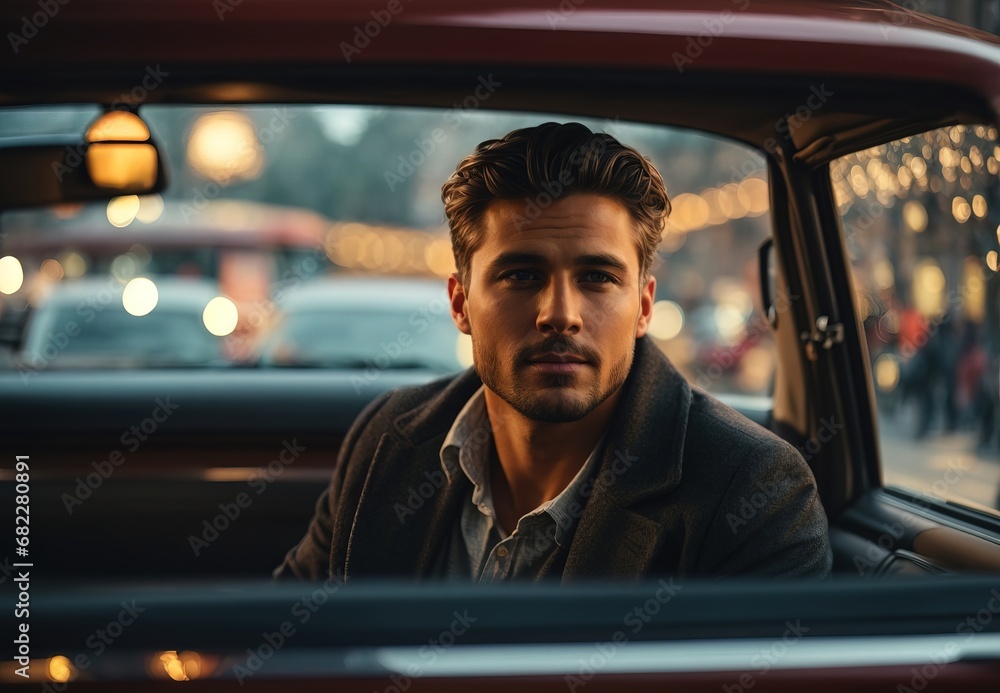 Obraz premium Men in the car looking out through the window, blurred street on the background