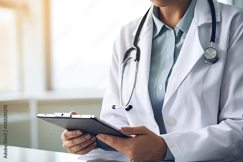 Handsome man doctor in lab coat using tablet computer in clinic. Handsome man doctor in lab coat using tablet computer in clinic.
