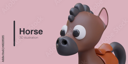Equestrian sport. Concept of horse riding. Placard with cute horse on pink background. Cartoon character. Vector illustration in 3D style with place for text
