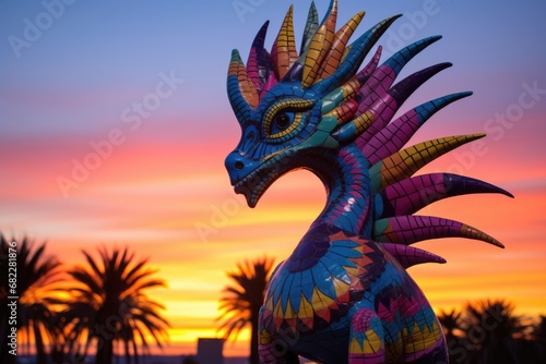 alebrije statue against a sunset, with silhouettes of palm trees