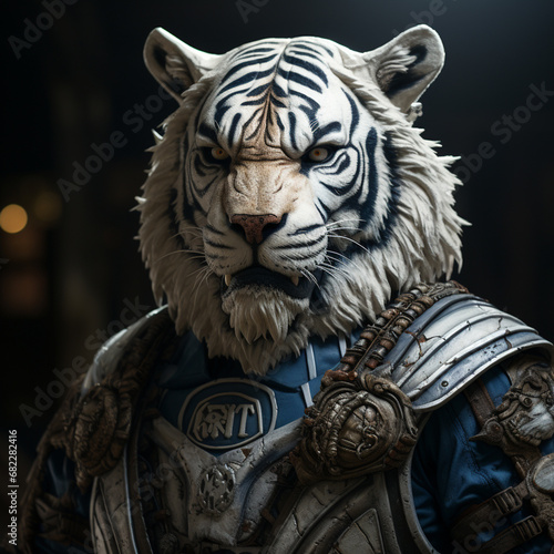 Tiger portrait wearing a knight armor. Animal in a medieval golden armor with ornament generative ai © Witri