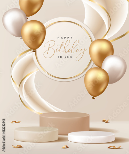 Happy Birthday poster for product demonstration. Beige pedestal or podium with balloons and confetti on beige background.