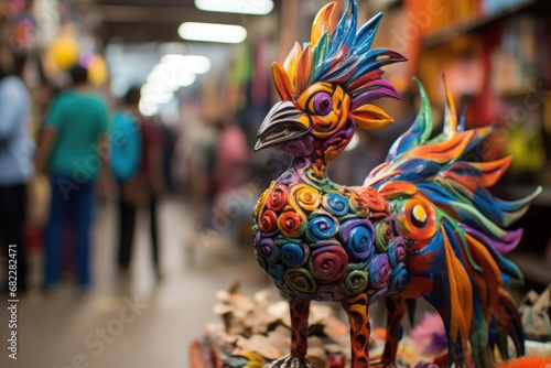 close-up shot of an elaborately painted alebrije statue in a bustling market