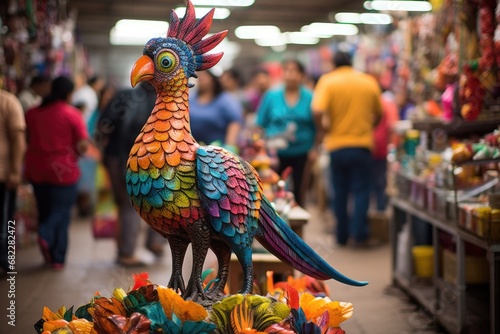 colorful alebrije statue in a bustling mexican market