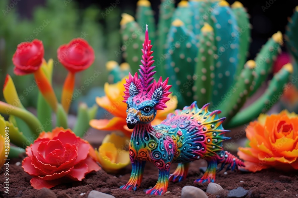 vibrant alebrije statue beside a flowering cactus