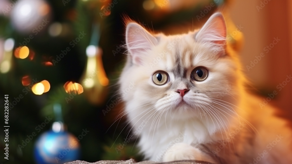 young cat with big beautiful eyes sits on a Christmas tree. Funny fluffy. generative ai