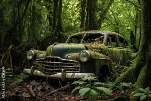 overgrown vintage car in a forest © primopiano