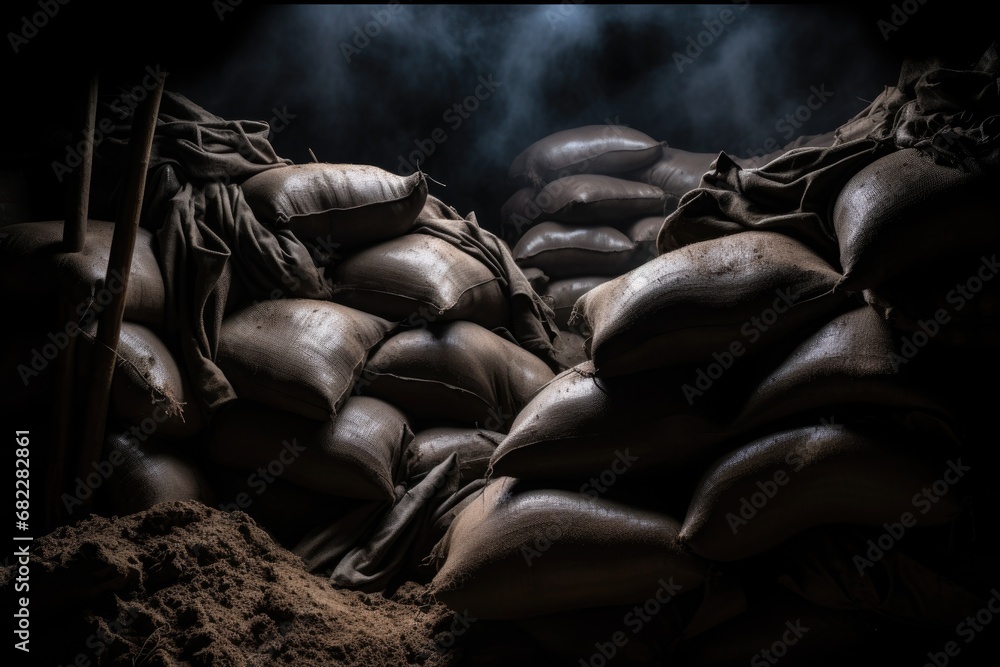 close-up of sandbags piled up in a trench silhouette - obrazy, fototapety, plakaty 