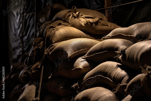 close-up of sandbags piled up in a trench silhouette