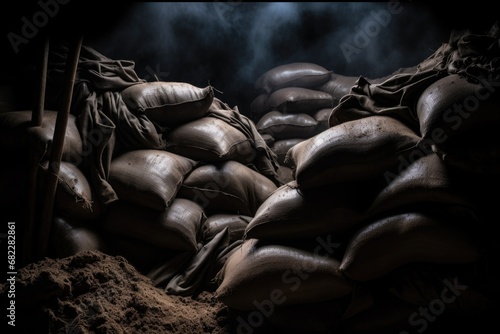 close-up of sandbags piled up in a trench silhouette photo