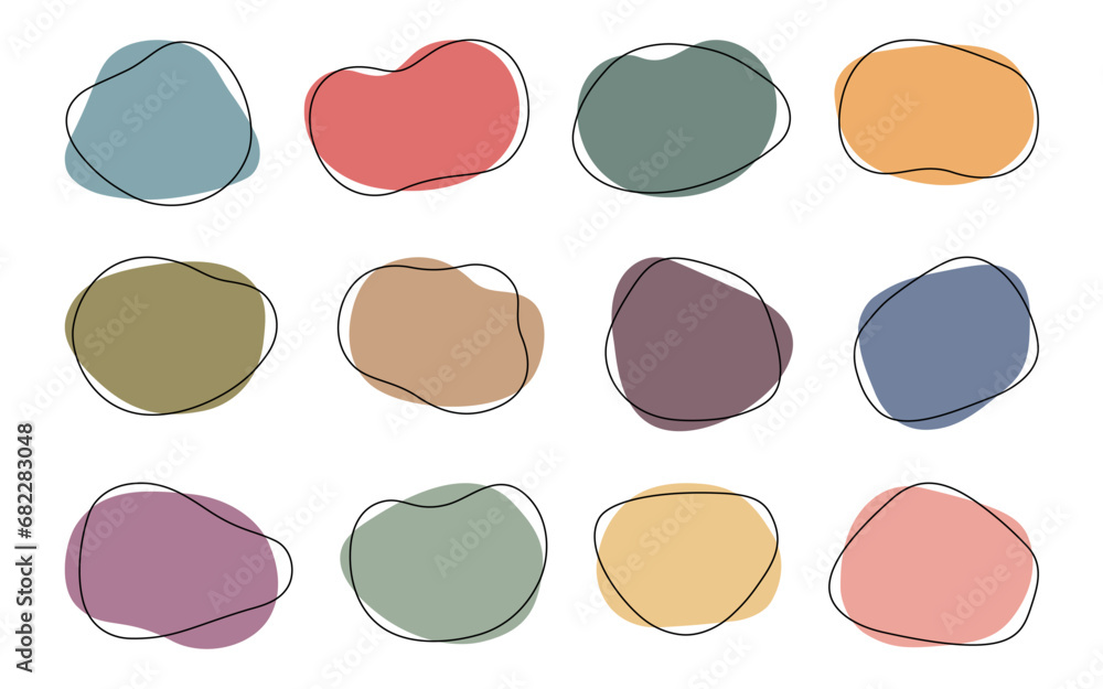 Simple abstract shapes in natural colours with uneven edges and black line boarders. Asymmetrical liquid blob elements. Creative frame templates with editable stroke. Vector illustrations set. Simple abstract shapes in natural colours with uneven edges and black line boarders. Asymmetrical liquid blob elements. Creative frame templates with editable stroke. Vector illustrations set.
