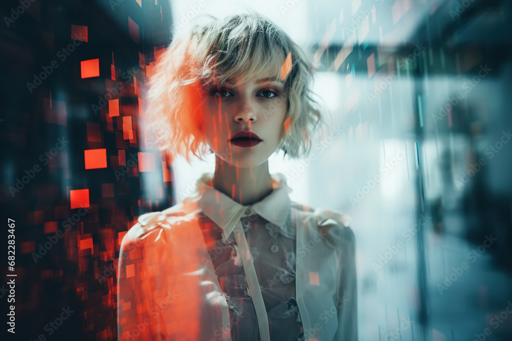 Fototapeta premium Portrait of a young trendy blonde woman, glitch effect